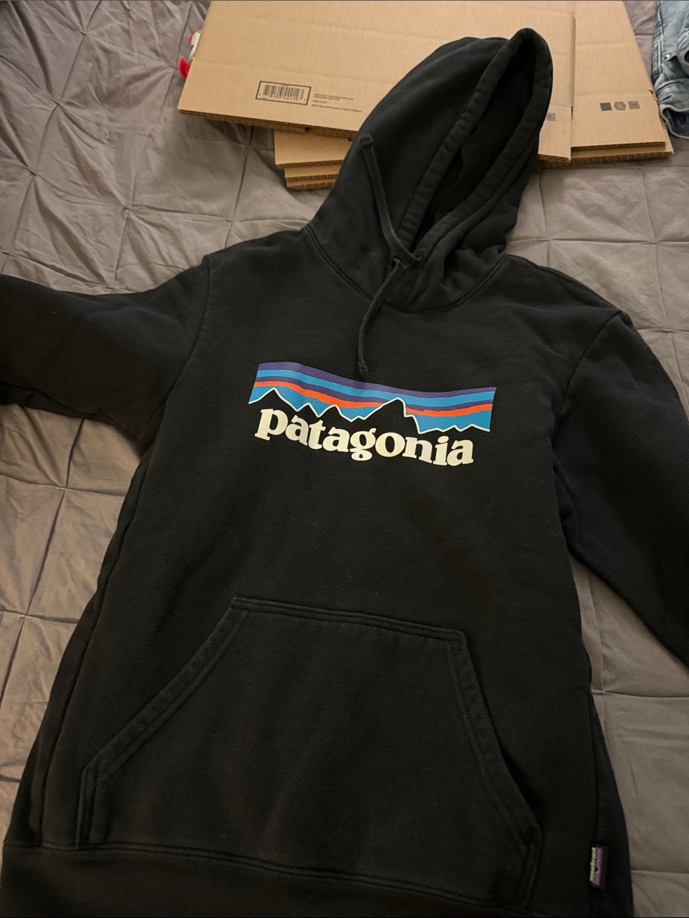 Patagonia Black Pullover Hoodie with Multicolor Logo